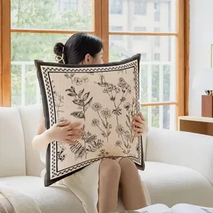 Retro floral sketch cushion detail, vintage botanical design for living room sofa and bed.