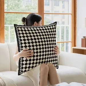 Retro black and white checkerboard throw pillow for living room sofa bedroom decorative cushion