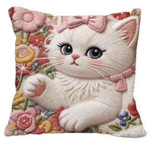 Cute embroidered cat throw pillow with floral design, soft decorative cushion for sofa and room.