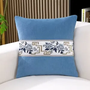 New Chinese style retro square throw pillow with elegant embroidered band for sofa decor.