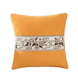 New Chinese vintage square throw pillow with elegant embroidered decorative band for sofa bed home