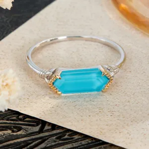 Elegant geometric blue turquoise ring crafted in S925 sterling silver with gold plating