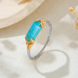 Japanese Retro 925 Sterling Silver Gold Plated Geometric Double Layer Ring Natural Rutilated Quartz Synthetic Turquoise Ring Women Ethereal Jewelry