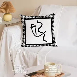 Fodera per cuscino pied-de-poule nero e bianco con viso d'arte astratta per divano casa.