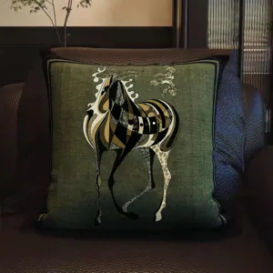 French vintage luxury throw pillow cover with retro abstract horse pattern for sofa