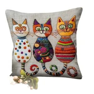 Fundas de cojin de gato bordado colorido, cojin decorativo cuadrado de lino para sofa.