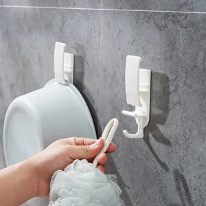 White wall-mounted adhesive washbasin hooks for bathroom storage holding basin and sponge