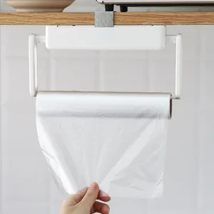 White under cabinet hanging paper towel holder rack for kitchen organization and plastic wrap