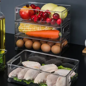 Stackable clear plastic fridge organizers for fresh produce and eggs kitchen storage