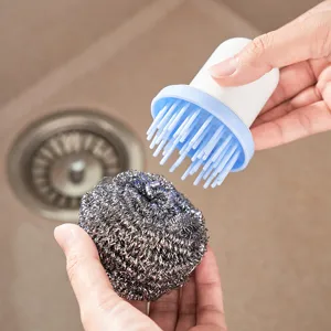 Keukenreinigingsset met blauwe borstel en roestvrijstalen draadbal voor potten wassen