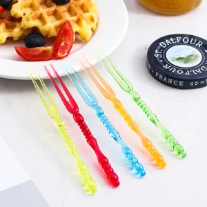 Vibrant colorful plastic fruit forks set for desserts, 5 colors in creative bead handle design.