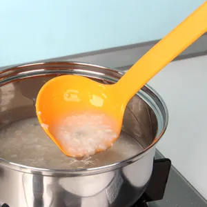 Heat-resistant orange long handle ladle with pouring spout for porridge and soup