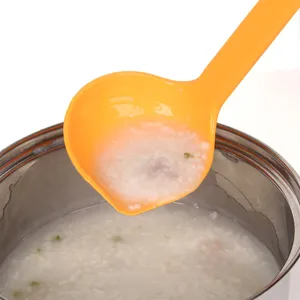 Orange heat-resistant plastic porridge ladle with a long handle and side pour spout