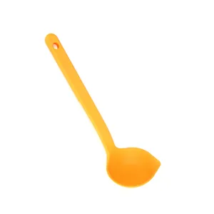 Orange Japanese-style long handle cooking ladle with pouring spout for soup and porridge
