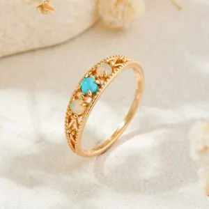 Vintage 925 Sterling Silver Gold Plated Hollow Ring For Women Natural Turquoise African Opal Gemstone Retro Ethnic Style Finger Ring Jewelry Gift