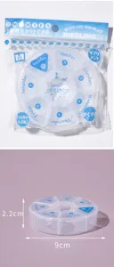 Circular 7-day weekly pill box organizer with dimensions 9cm by 2.2cm for travel