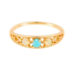 Elegant vintage S925 gold-plated silver ring featuring natural turquoise and opal stones