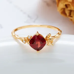 Elegant S925 sterling silver gold plated ring with square red agate and bow detail