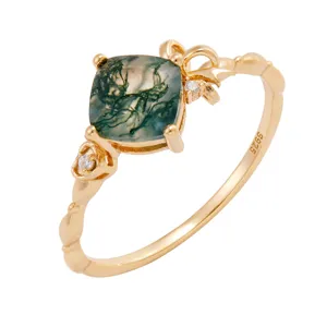 Elegant S925 sterling silver ring with natural moss agate stone and sweet ribbon design.