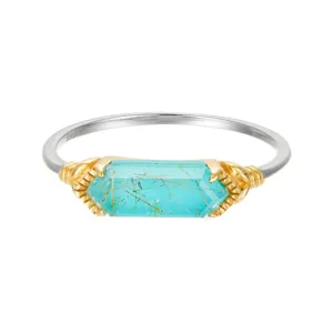 Elegant S925 silver gold-plated ring with rectangular rutilated turquoise stone