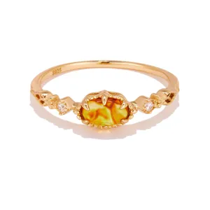 Vintage gold plated S925 silver ring featuring natural oval amber chalcedony stone