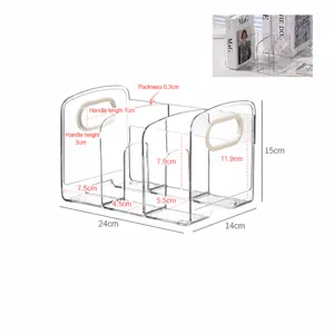 Clear acrylic 3-slot desk organizer and bookend with detailed product dimensions