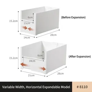 White expandable kitchen drawer organizer with adjustable width from 14cm to 21cm.