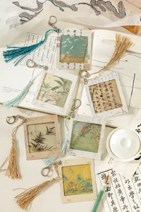 Chinese style PET reversal film keychain vintage landscape painting pendant with tassel gift