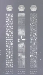 Dettaglio di nastro adesivo PET fustellato con motivi di fiocchi di neve e gocce d'acqua.