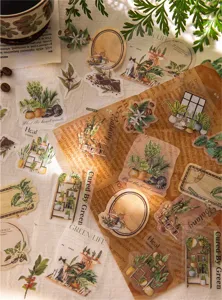Vintage coffee and plant PET sticker pack details, retro journaling material decorative stickers.