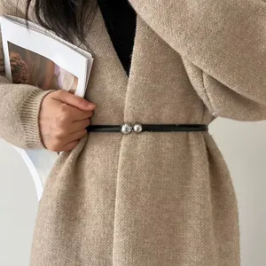 Women Fashion Thin Leather Belt With Silver Tone Metal Double Ball Buckle Elegant Dress Sweater Waistband Casual Accessory