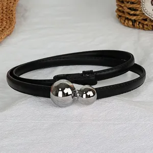 Women thin belt with silver double sphere metal buckle black leather dress sweater accessory
