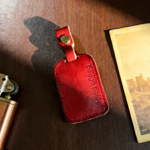 Handmade genuine leather badge holder key cover retro red mini access card case pocket detail