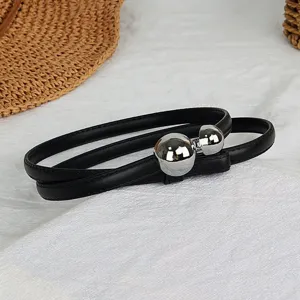 Women thin black leather waist belt with elegant silver metal ball clasp for dress sweater.
