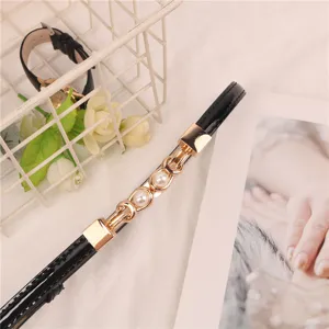 Dames pearl smalle riem elegante zwarte leren band gouden gesp jurk truien decoratieve