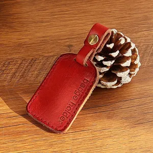 Handmade red leather badge holder and smart access card case with key ring detail view