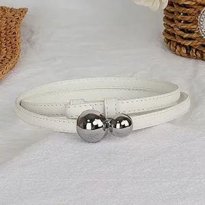 Women thin white belt with stylish silver sphere double buckle for dresses and sweaters casual