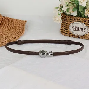 Women thin brown waist belt with stylish silver ball buckles for dress sweater accessory.