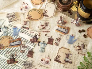 Vintage coffee theme PET sticker pack for journal decoration, waterproof scrapbooking supply.