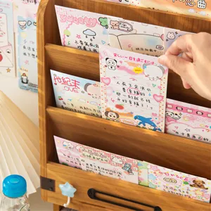 Cute cartoon postcard set with wooden storage rack and creative memo message cards