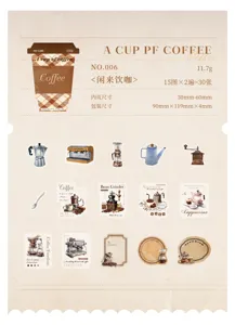 Coffee theme PET decorative sticker pack detail view, retro style journal material stickers.