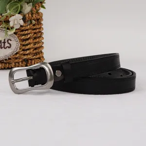 Classic black leather belt with antique silver pin buckle, simple casual design for everyday wear.
