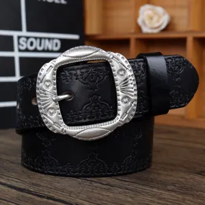 Men's Vintage Genuine Top Layer Cowhide Leather Belt Retro Embossed Metal Pin Buckle Casual Jeans Belt