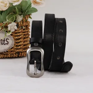 Casual black leather belt for women with vintage metal pin buckle, simple daily pants waist belt.