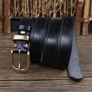 Women black genuine leather belt with retro brass buckle, casual daily jeans belt.