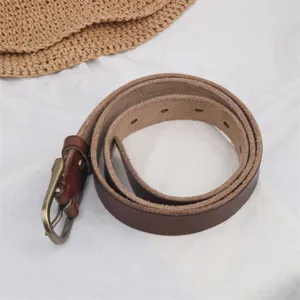 Women genuine leather belt with vintage metal pin buckle, slim casual waist belt for jeans.