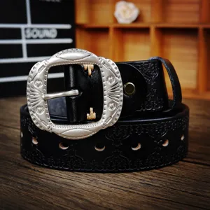 Vintage genuine leather belt for men with retro engraved metal pin buckle daily casual style