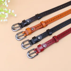 Women genuine leather thin belt hollow punched decorative waist belt for dress and jeans