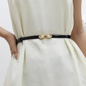 Women Fashion Patent Leather Skinny Belt Gold Tone Pearl Buckle Waist Strap Dress Sweater Decorative Belt Accessories