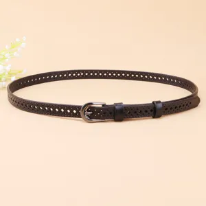 Detailed view of a dark brown hollow leather women belt with classic metal buckle design.